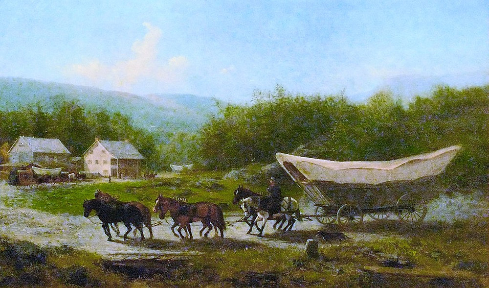A serene rural landscape depicting a horse-drawn wagon traveling along a dirt road, with small wooden houses and trees in the background, reflecting a 19th-century setting.